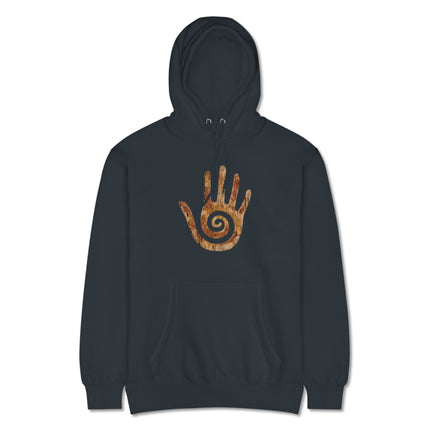 Native American style hoodie featuring the sacred Hopi healing hand symbol and spiral design.