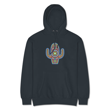 Vibrant Huichol cactus design pullover hoodie featuring Mexican indigenous art patterns.