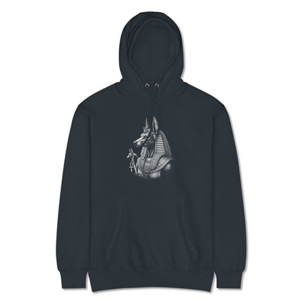 Anubis jackal god graphic printed on an ancient Egypt mythology pullover hoodie.