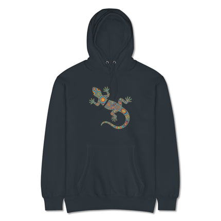 Colorful Huichol folk art hoodie featuring a vibrant Mexican lizard gecko pullover design.