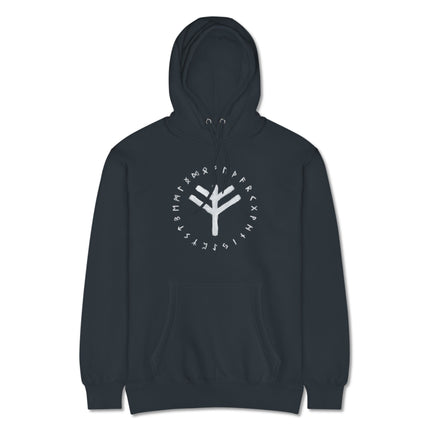 Norse Fehu rune pullover hoodie featuring Elder Futhark symbols and Viking wealth designs.