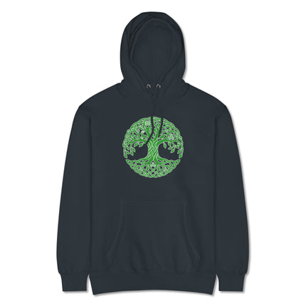 Emerald green Celtic Tree of Life knotwork graphic printed on a cozy pullover fleece hoodie.