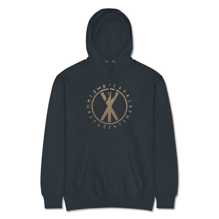 Black Norse rune hoodie featuring Viking Elder Futhark script and Strength Bind symbol print.