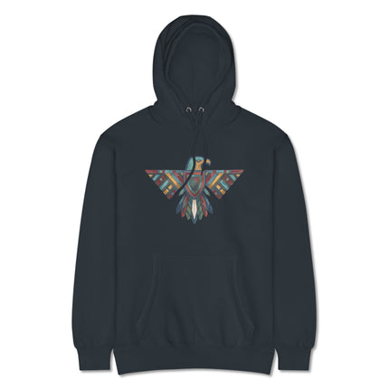 Vibrant geometric Thunderbird print hoodie featuring Native American-inspired colorful patterns.
