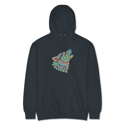 Howling wolf tribal art hoodie featuring vibrant Huichol Mexican folk design and colorful motifs.