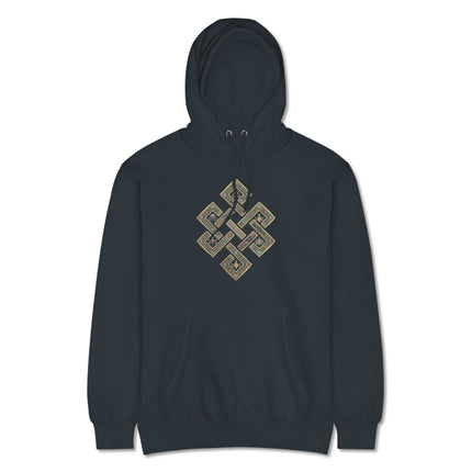 Endless Knot graphic print on a pullover hoodie featuring Tibetan Buddhist symbolism.