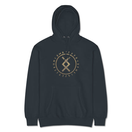 Inguz Rune and Futhark Circle graphic on a Norse Viking pullover hoodie.