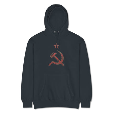 Distressed red hoodie featuring the communist hammer and sickle emblem.