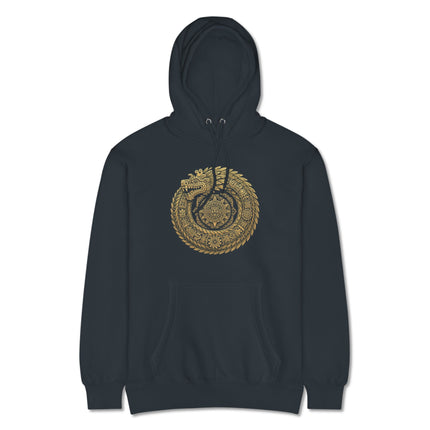 Gold mandala sacred geometry hoodie featuring a detailed feathered serpent design print.