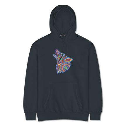 Huichol wolf howling hoodie featuring vibrant Mexican folk art patterns.