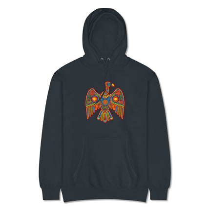 Colorful Huichol Vulture Art Hoodie with indigenous graphic design print.