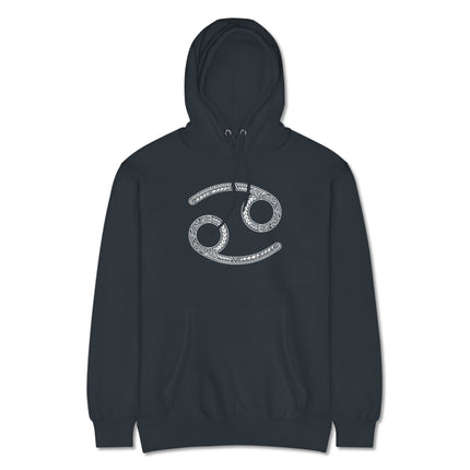 Intricate Cancer zodiac sign pullover hoodie featuring ornate astrology artwork for unisex wear.
