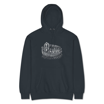 Egyptian solar barge hoodie graphic featuring ancient Ra boat mythology design.