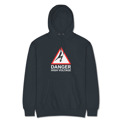 Danger high voltage warning sign hoodie featuring electrical safety graphics pullover.