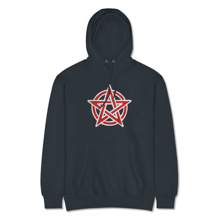 Red pentacle symbol graphic on a comfortable occult pullover hoodie.