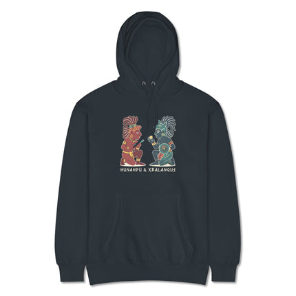 Mayan mythology graphic hoodie featuring the Hero Twins, Hunahpu and Xbalanque.