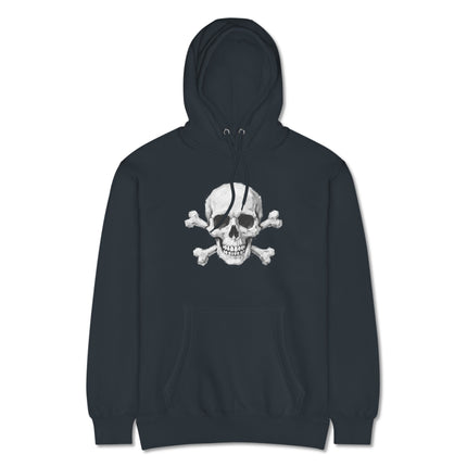 Black gothic hoodie featuring a detailed skull and crossbones skeletal design print.