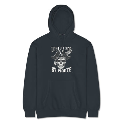 Nautical pirate skull graphic on black hooded sweatshirt pullover.