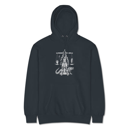 Anubis Scale of Justice pullover hoodie featuring Egyptian god artwork and weighing heart motif.