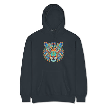 Vibrant Huichol jaguar art hoodie featuring Mexican folk animal designs and colorful pullover print.