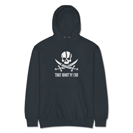 Jolly Roger skull sabers hoodie pullover featuring a pirate quote: "Take What Ye Can.