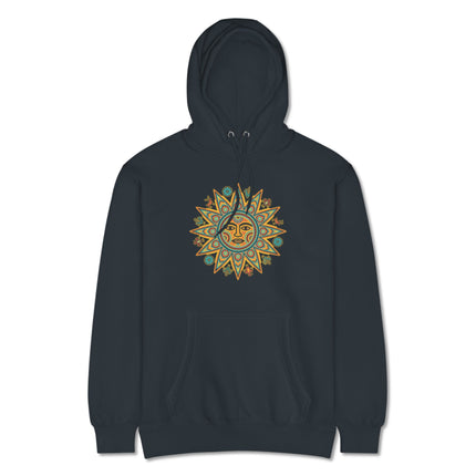 Colorful Huichol indigenous Mexican art graphic printed on a cozy fleece pullover hoodie.