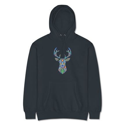 Vibrant Huichol deer folk art design on a Mexican indigenous pullover hoodie.