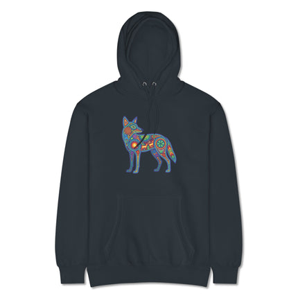 Colorful Huichol coyote art hoodie featuring vibrant indigenous Mexican folk designs.