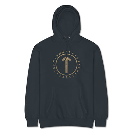 Black hoodie featuring Tiwaz and Tyr runes in a circular pattern, inspired by Norse Viking mythology.