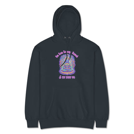 Lord Rama psychedelic hoodie featuring Om Mantra print for Hindu spiritual wear.