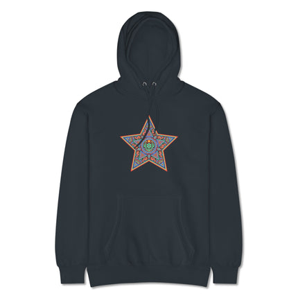 Vibrant Huichol Star geometric art printed on a cozy fleece pullover hoodie.