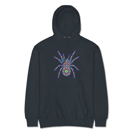 Colorful Huichol tarantula spider art pullover hoodie, inspired by vibrant Mexican folk culture.