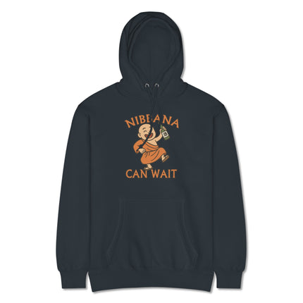 Funny baby Buddha drinking alcohol graphic on a pullover hoodie.