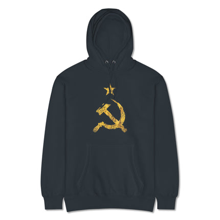 Yellow distressed hoodie featuring the communist USSR hammer and sickle emblem print.