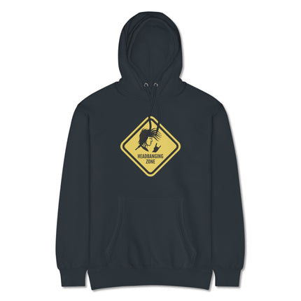Headbanging Zone rock metal hoodie with bold warning sign graphics.