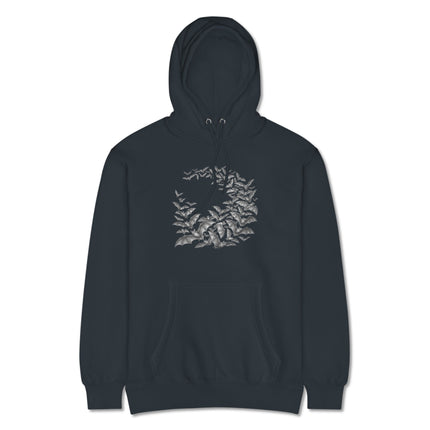Gothic hoodie featuring a circular bat swarm graphic and animal print design.