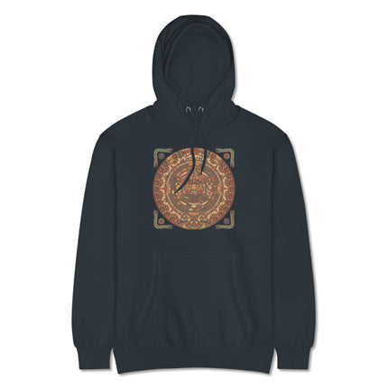 Mayan Calendar graphic printed on a pullover hoodie, featuring ancient Maya civilization art.