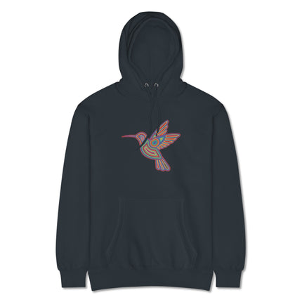 Huichol hummingbird art design on a colorful indigenous symbol pullover hoodie.