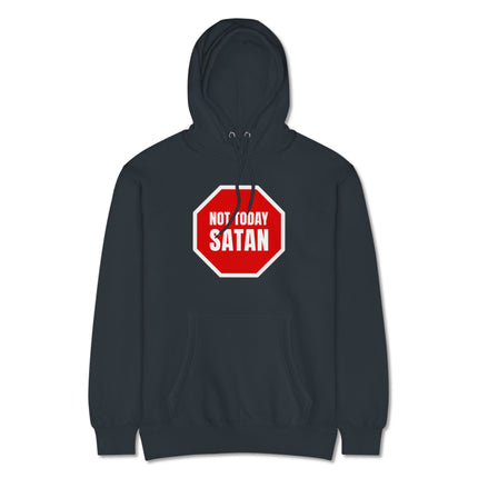 Not Today Satan stop sign graphic pullover hoodie featuring anti-devil message.