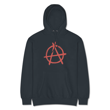 Red distressed pullover hoodie featuring a bold anarchist symbol graphic design.