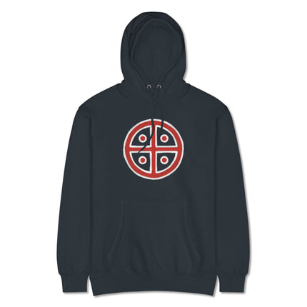Solar cross sun wheel symbol pullover hoodie featuring ancient pagan designs and spiritual motifs.