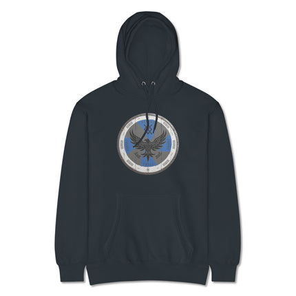Viking raven shield hoodie art, featuring Norse pagan warrior mythology design.
