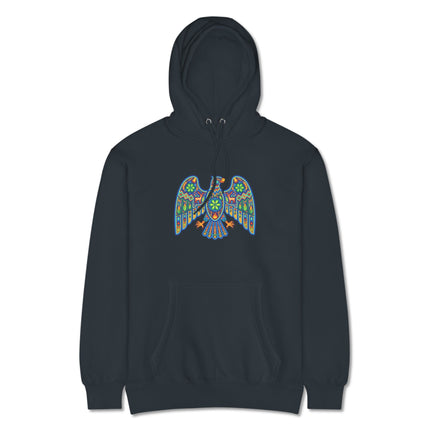 Colorful Huichol eagle art hoodie featuring vibrant indigenous Mexican patterns pullover.