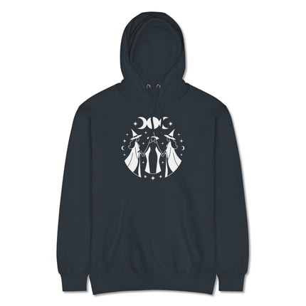 Witchy moon phases hoodie design featuring triple goddess and celestial symbols graphic print.