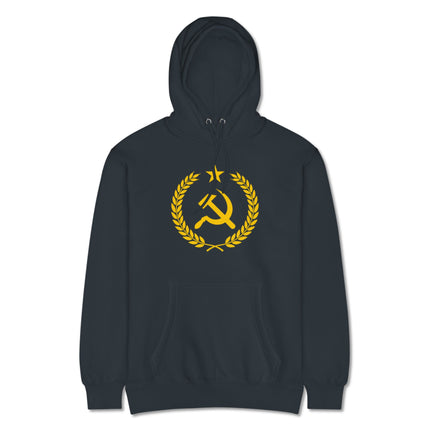 Gold pullover with hammer and sickle emblem inside a laurel wreath socialist design.