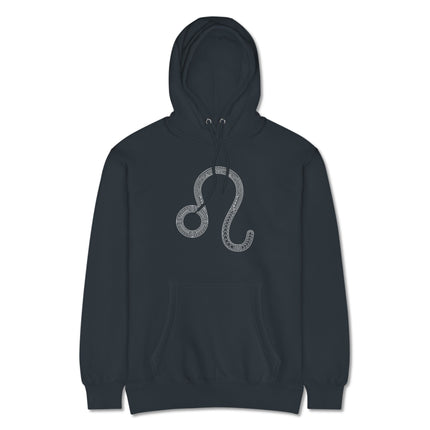 Intricate Leo zodiac sign symbol on black pullover hoodie.