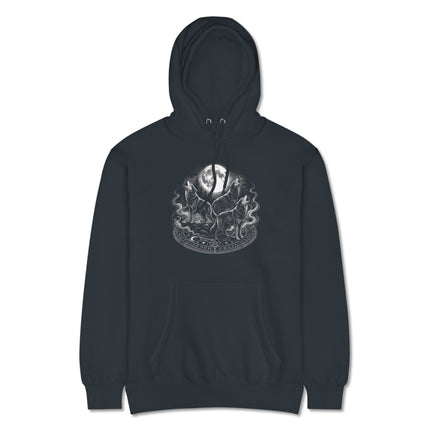 Graphic hoodie featuring howling wolves under a celestial moon design.