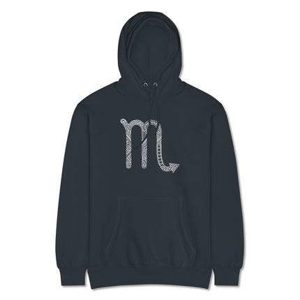 Tribal scorpio zodiac symbol graphic printed on a black fleece pullover hoodie.