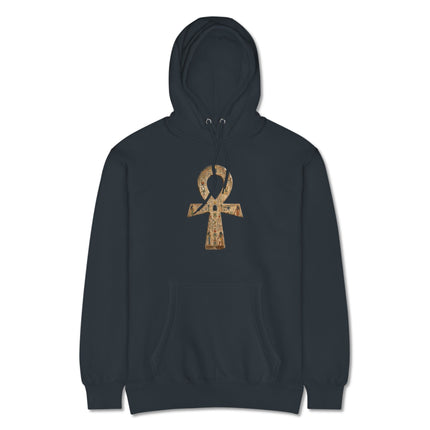 Black pullover hoodie featuring the ancient Egyptian Ankh symbol and hieroglyphic designs.