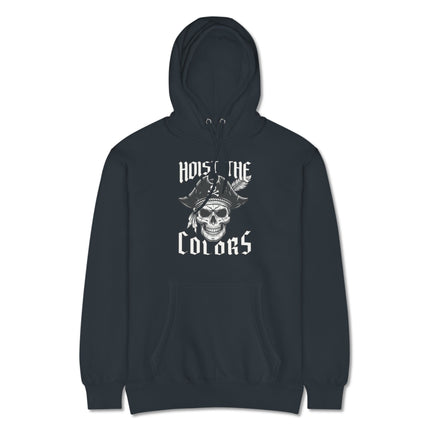 Pirate skull and tricorn hat graphic on a black pullover hoodie, featuring "Hoist The Colors" text.